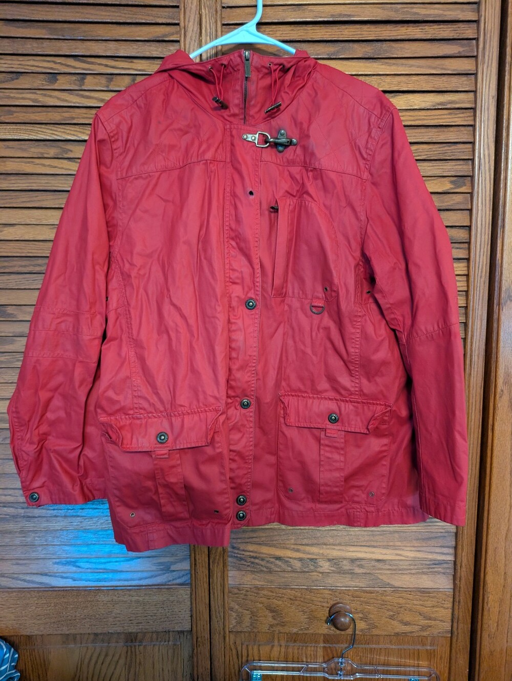 Ralph Lauren Naval Supply Co red utility field jacket, hood, Fireman clasp Larg